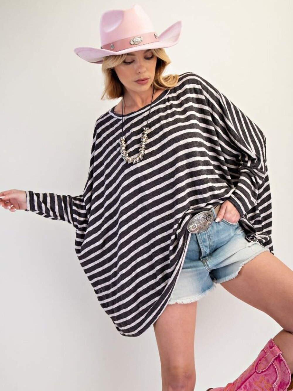 E23 Easel Dark Gray and White Oversized Stripe Top Plus Size